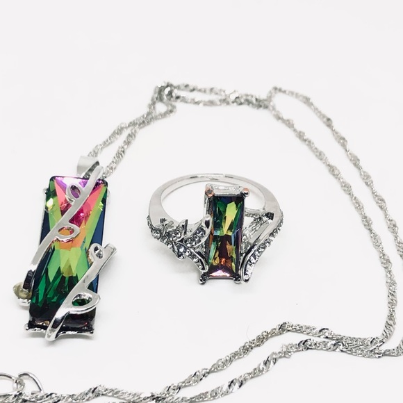 Silver Plated Mystic Topaz Ring And Necklace Set - Picture 6 of 12